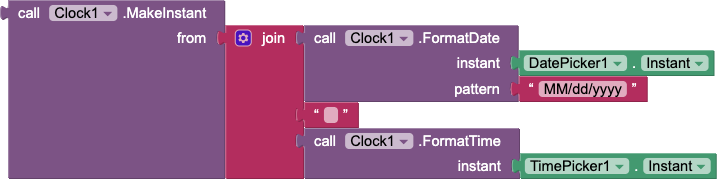 Example code blocks to combine date and time picker data